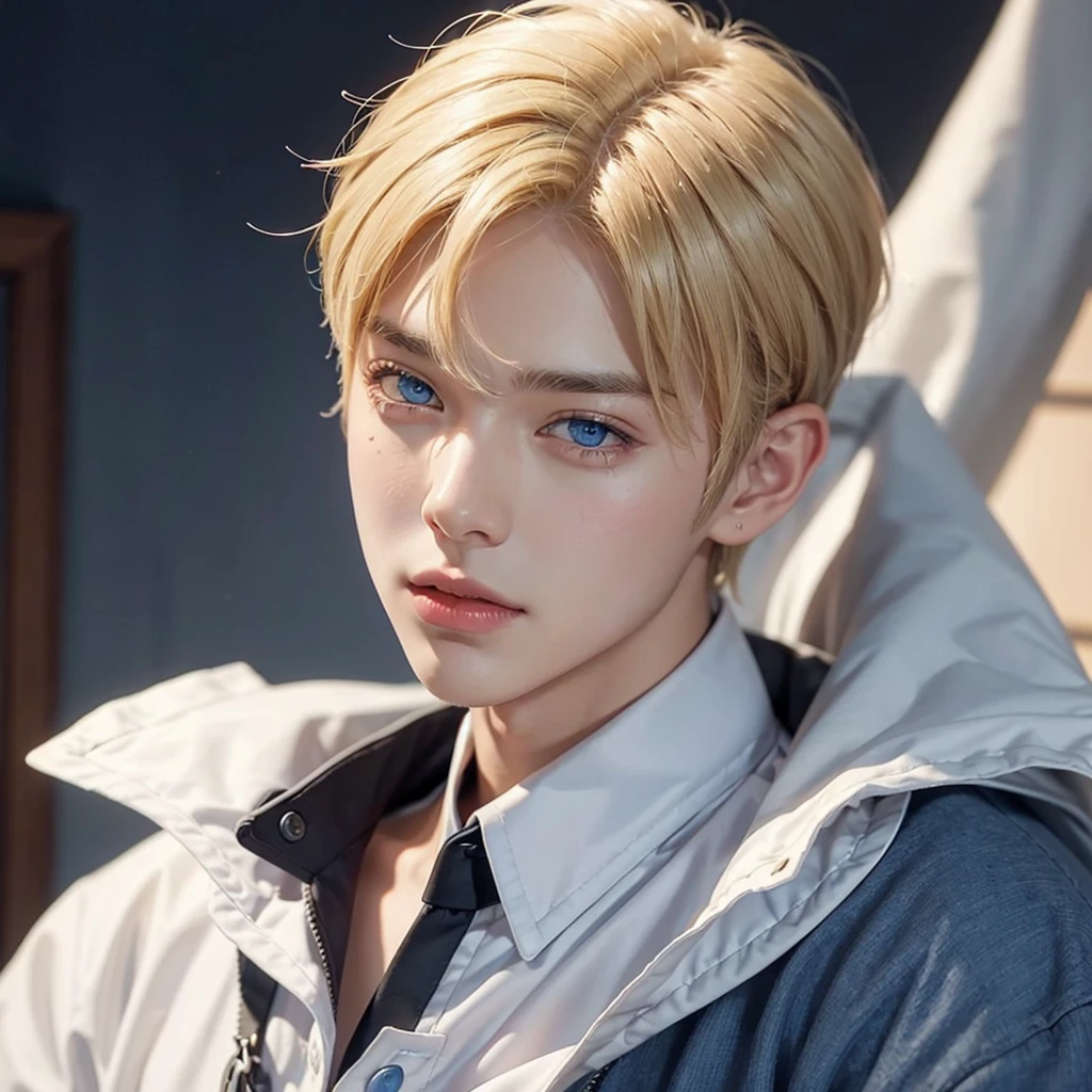 male young man, V of BTS, male short hair and blonde hair, blue eyes, soft face, big lips