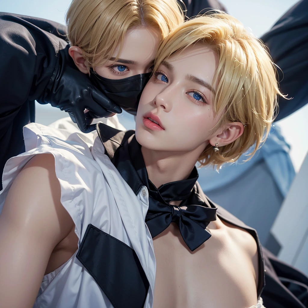 male young man, V of BTS, male short hair and blonde hair, blue eyes, soft face, big lips