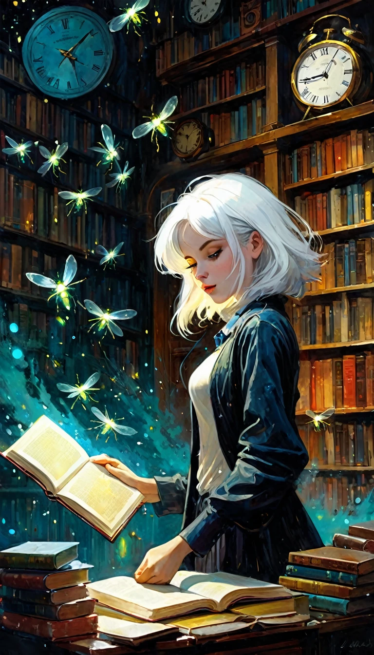 (((Best quality))), (((Ultra detailed))), ((((vivid)))), library, books, clock, ((particles, fireflies)), nostalgia, fantasy, 1girl, white hair, (art inspired by Bill Sienkiewicz). oil painting)