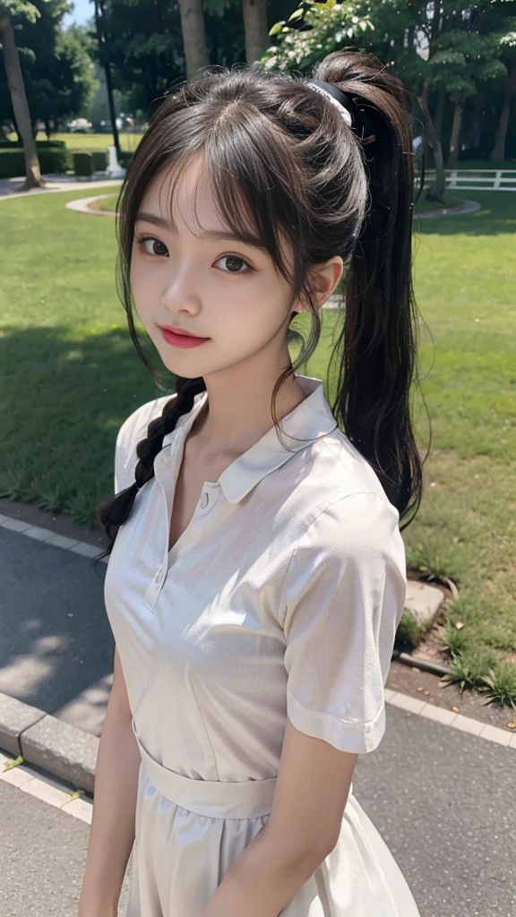 collared dress,european city park,On the lawn,One woman,masutepiece, The highest image quality, High quality, the background is clear,Beautiful woman, Japanese,Ultra-detailed, finely detail, hight resolution, 8K Wallpaper, Perfect dynamic composition, Beautiful detailed eyes , Detailed, Detailed eyes, Detailed skin, Beautiful skin, 超hight resolution, (reality: 1.4),Very beautiful woman, Slightly younger face, Beautiful skin, slender, (Ultra photo realsisim), (hight resolution), (8K), (Very detailed) (beautifully detailed eyes), (super detailed), (Detailed face), view the viewer, Fine details, Detailed face, Staring straight ahead, Staring straight ahead, photos realistic, Bright lighting, Professional Lighting, Black hair,poneyTail,a baby face,sixteen years old,Hairstyle: ponytail,Long ponytail hairstyle,slight smile,neat and tidy clothing,Beautiful Japanese KPOP idol photo, hair style is ponytail, my eyes are double and wide, baby face, smile and look straight ahead, slender, small breasts,Close up face,