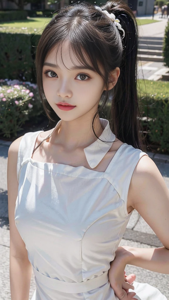 collared dress,european city park,On the lawn,One woman,masutepiece, The highest image quality, High quality, the background is clear,Beautiful woman, Japanese,Ultra-detailed, finely detail, hight resolution, 8K Wallpaper, Perfect dynamic composition, Beautiful detailed eyes , Detailed, Detailed eyes, Detailed skin, Beautiful skin, 超hight resolution, (reality: 1.4),Very beautiful woman, Slightly younger face, Beautiful skin, slender, (Ultra photo realsisim), (hight resolution), (8K), (Very detailed) (beautifully detailed eyes), (super detailed), (Detailed face), view the viewer, Fine details, Detailed face, Staring straight ahead, Staring straight ahead, photos realistic, Bright lighting, Professional Lighting, Black hair,poneyTail,a baby face,sixteen years old,Hairstyle: ponytail,Long ponytail hairstyle,slight smile,neat and tidy clothing,Beautiful Japanese KPOP idol photo, hair style is ponytail, my eyes are double and wide, baby face, smile and look straight ahead, slender, small breasts,Close up face,