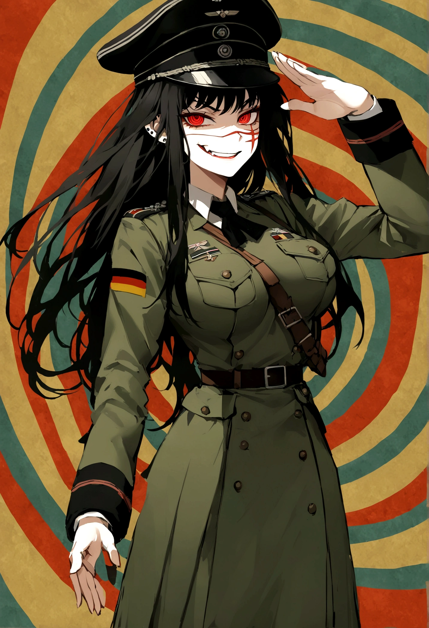 Girl, Yoru, WWII German military uniform, evil smile, piercing red eyes, ringed eyes, open jacket ,large breast, military hat, military salute, fullbody shot, one hand opening jacket