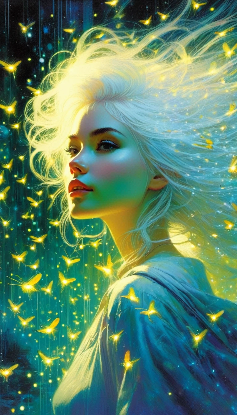 (((Best quality))), (((Ultra detailed))), ((((vivid)))), library, books, clock, ((particles, fireflies)), nostalgia, fantasy, 1girl, white hair, (art inspired by Bill Sienkiewicz). oil painting)