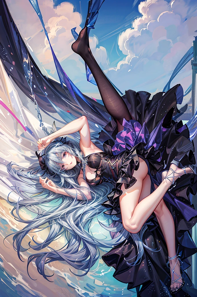 masterpiece, best quality, distinct image, 1 girl, 16 year old teenager, elegant and royal style ruffled dress, solo. soft facial features, symmetrical shaped face, cherry red lip, alabaster white skin, sky blue eyes-colored eyes, tall height(185cm), slender yet thick, bright ocean blue hair, flowing long hairstyle, long and slender legs, curvy wide ???? stretching the dress, full body image,