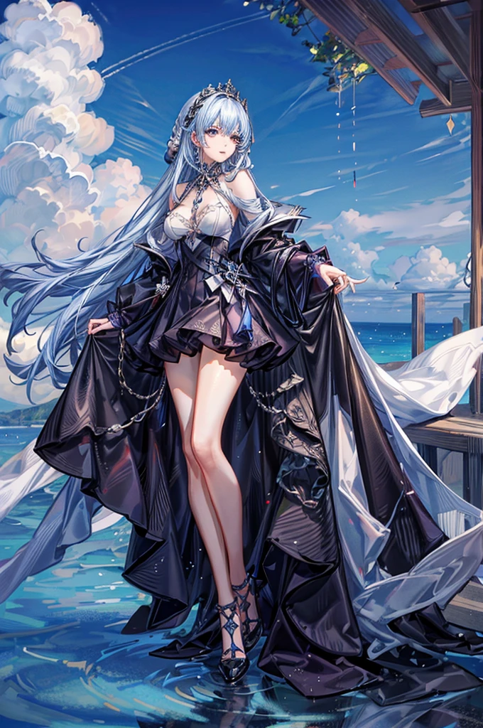 masterpiece, best quality, distinct image, 1 girl, 16 year old teenager, elegant and royal style ruffled dress, solo. soft facial features, symmetrical shaped face, cherry red lip, alabaster white skin, sky blue eyes-colored eyes, tall height(185cm), slender yet thick, bright ocean blue hair, flowing long hairstyle, long and slender legs, curvy wide hips stretching the dress, full body image,