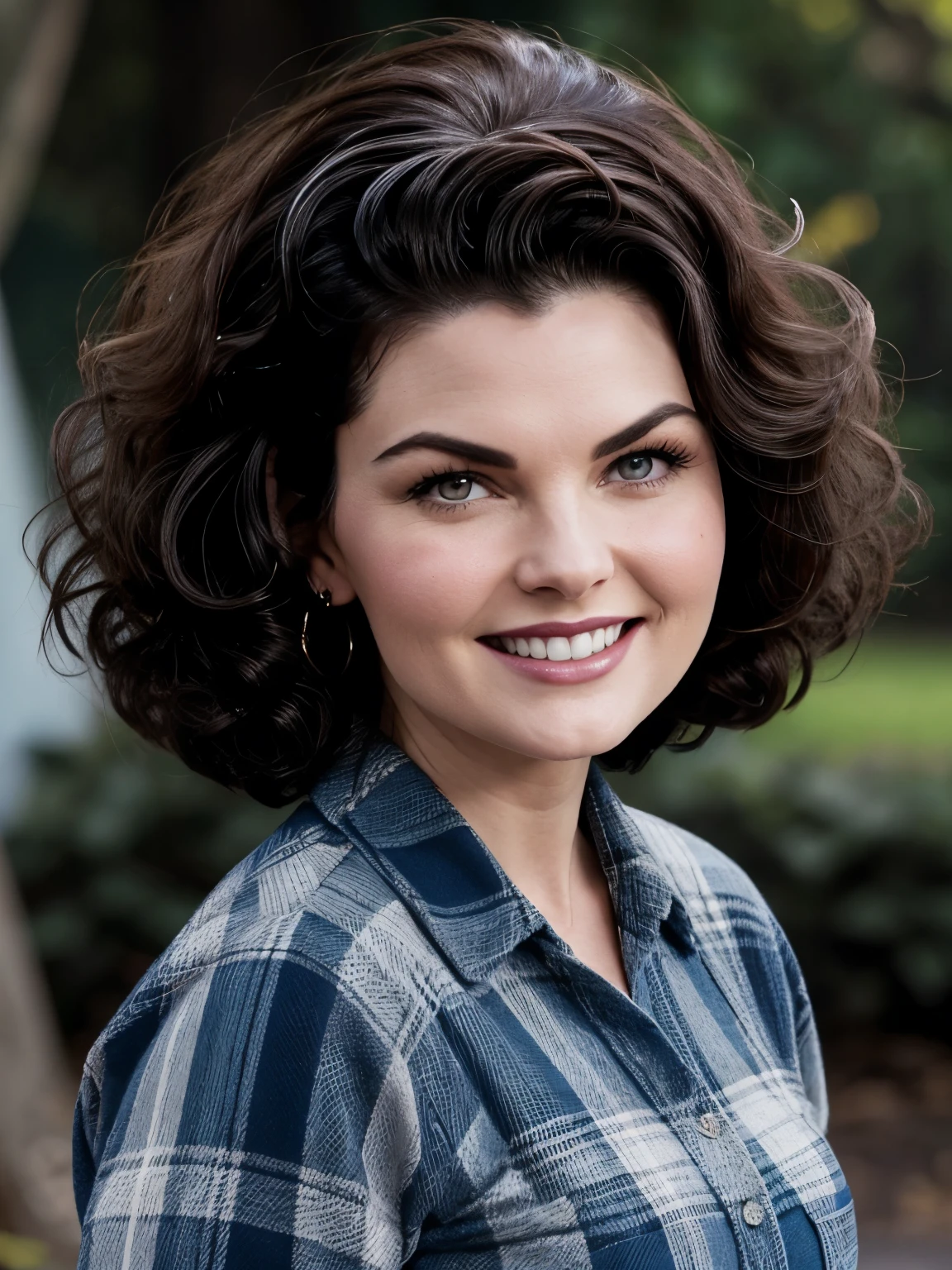 Audrey Horne (Sherilyn Fenn) from the 1990 Twin Peaks series, resemblance to the actress as in the show, thick and bouffant hair, blue plaid shirt, blue eye, 90's, denim shorts, light smile, closed mouth, brown hair, short hair, hair one side up, big hair, expressive hair, bob cut, hair spread out, bright pupils, seductive smile, torogao, mole under eye, floating hair, bokeh, UHD, best quality
