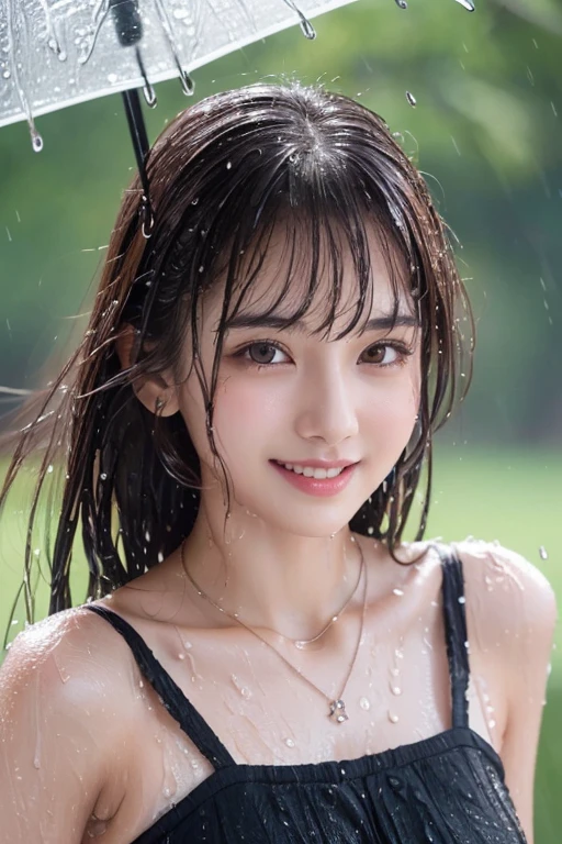 girl, White skin, Dark brown short tiered hair, V cut with layers and bangs, Brown eyes, Soft atmosphere characteristics (Highest quality, Ultra-high resolution, 8K, RAW Photos, Ultra-high resolution: 1.2, masterpiece: 1.3), (Realistic, Realistic: 1.37), Very detailed, Professional Lighting, Photon Mapping, Radio City, Physically Based Rendering, One Girl, high school girl, Sharp focus:1.2、Beautiful woman:1.4,cute, Nice, Adorable, smile, Normal chest, necklace、(((Zoom photo of upper body、Wet body、Wet Hair)))