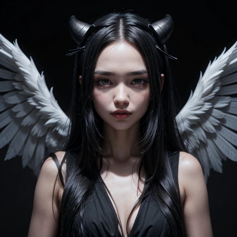 Woman, long black hair, small horns, black dress, angel wings, holding a knife, evil face