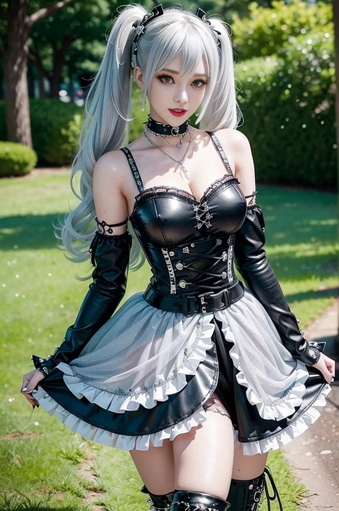 sexy stylish female model, only 1 female, ((doll-like appearance)), long dramatic stylish hair, ((shiny Punk-Style boots)), (beautiful smile), ultra detailed eyes, Punk makeup, lipgloss, ((sexy Punk Lolita cosplay)), unconventional skirt, petticoats, high neckline, ((ultra detailed lace)), ((ultra detailed embroidery)), intricate details, tartan patterns, silver chains, silver spikes, safety pins, Punk Lolita accessoires, Punk Lolita choker, ((large sparkling Punk Lolita jewelry)), cinematic light, detailed large park background with trees