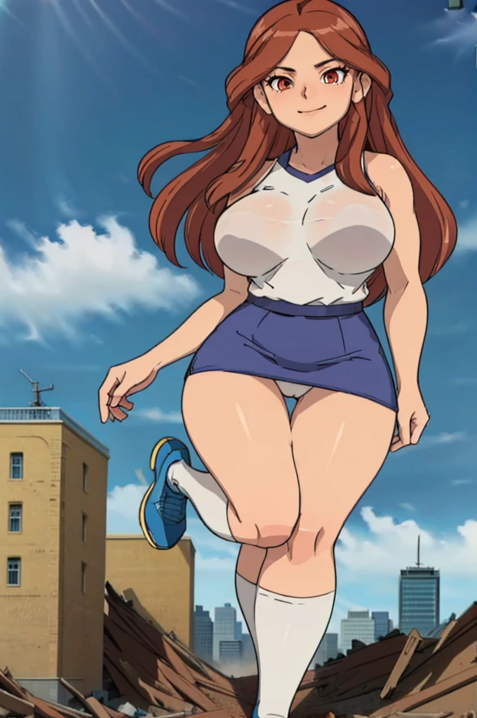 ultra-detailed, (perfect anatomy:1.3999), (close-up shot, dynamic shot, side view, very low angle:1.399), (ultra beautiful perfect detailed smile face:1.3999), (finely ultra-detailed eyes:1.3999), slim waist, curvy hourglass figure, perfect and proportional body, (((glamorous athletic giant girl, only 1 girl, alone, running with destroying city:1.25))), beautiful Asian actress face, ((thick thighs:1.399)), fit curvy physique, inverted body type, attractive feminine curves, ((gigantic breasts:1.25)), (((thick voluptuous arms and legs:1.399))), feminine curvy figure, (style of plump voluptuous body), (plain white over-the-calf socks, bare knees:1.25), masterpiece, highres, best quality, RAW photo, ultra-detailed, CG, unity, 8k wallpaper, extremely detailed CG, extremely detailed, an extremely delicate and beautiful, extremely detailed, Amazing, finely detail, official art, High quality texture, incredibly absurdres, huge file size, photorealistic, ((HaruCheerUniform, blue skirt)), (Nelly, GTS, rampage, destroying city:1.25), blue pleated mini skirt, white sleeveless tops, plump, (bare knees, bare arms, bare elbows, bare shoulders),