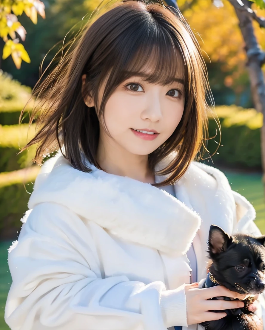 A girl and a dog warming themselves by a bonfire、Lens flare、Hair blowing in the wind、Medium Short Hair、、Expressing the whiteness of one&#39;s breath、Photo from the waist up、Night city illumination shot、Cowgirl Shot、Fur coat、豪華なグレーのミンクのFur coat、Wear fine leather boots、Luxury Bags、Inner turtleneck、Silver necklace and small silver earrings Millionaire style:1.4））、Full body photo、smile、 Caustics、Highly detailed photos、Very beautiful woman 、Ample breasts、No makeup、(8K、RAW Photos、Highest quality、masterpiece:1.2)、(Realistic、Realistic)、1 Girl、((Medium Short Hair、Midwinter、Cold region Snow falling、The wind is blowing、Fluttering Hair、Blur the background、Colorful illuminations、Looking into the camera:1.4))、
