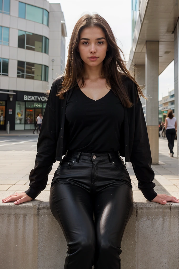 generate me a hyper-realistic image of an 18 year old girl of European and American descent with perfect, well lined eyes and brown eyes, with brown hair, beautiful delicate lips and a thin upturned nose, straight hair, a height of one meter and 60 centimeters, L bust details, beautiful exercised legs and she is sitting outside a mall in the center of the city and is wearing a black leather pants attached with a black polo shirt with V-neck of simple design.