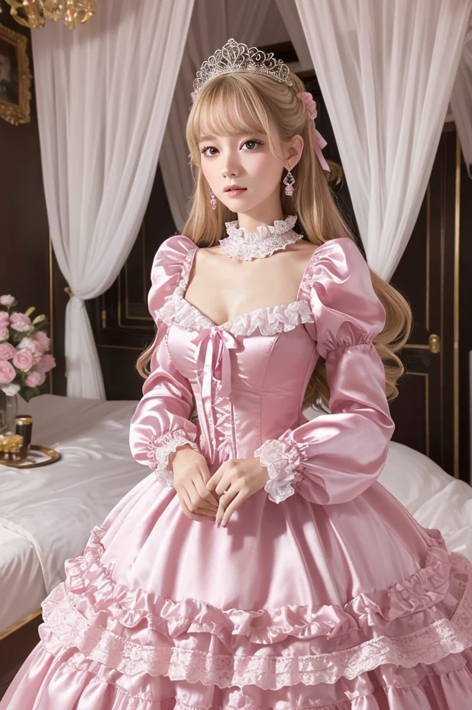 highest quality, masterpiece, highest resolution, artwork, super それにget used to it, many get used to it, get used to it, それにget used to it, 3k realistic pictures,,((25 year old woman)),Ultra-detailed juvenile face,ultra-detailed beautiful woman,woman are princess,full length ball gown dress with hoop skirt,ruffled yoke collar,puff sleeves,long sleeve,((Lolita style hot pink detailed princess satin dress with lots of ruffles and ribbons)),Rococo style lolita fashion,shiny satin dress,Soft and smooth fabric,detailed princess dress,luxury,long blonde hair,blue eyes,white skin european,Pajama,((in the bedroom of the palace)),luxury princess canopy king size pink bed,shiny satin sheets,ultra-detailed princess bed,High-quality background,lot of frilled pillows,on the bed, big breasts, small waist