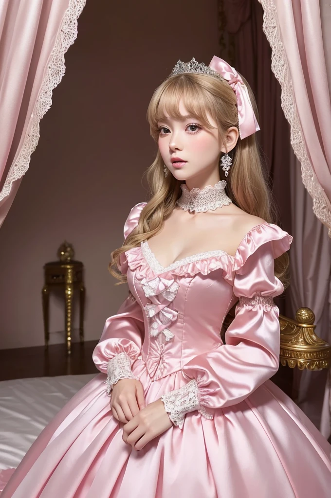 highest quality, masterpiece, highest resolution, artwork, super それにget used to it, many get used to it, get used to it, それにget used to it, 3k realistic pictures,,((25 year old woman)),Ultra-detailed juvenile face,ultra-detailed beautiful woman,woman  are princess,full length ball gown dress with hoop skirt,ruffled yoke collar,puff sleeves,long sleeve,((ta style hot pink detailed princess satin dress with lots of ruffles and ribbons)),Rococo style loliashion,shiny satin dress,Soft and smooth fabric,detailed princess dress,luxury,long blonde hair,blue eyes,white skin european,Pajama,((in the bedroom of the palace)),luxury princess canopy king size pink bed,shiny satin sheets,ultra-detailed princess bed,High-quality background,lot of frilled pillows,on the bed, big breasts, small waist
