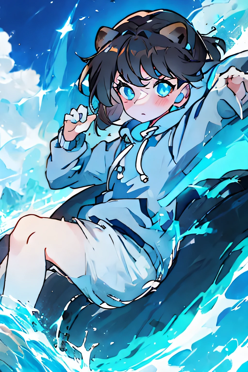 a sea otter // with light blue eyes // a dark blue hoodie // brown hair with gray and white highlights ((half of the body))