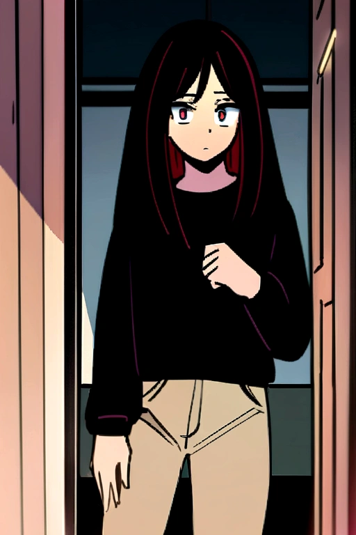 a 24 year old woman, with short black hair with red highlights, dark red eyes, He is wearing a black sweatshirt and light brown jeans, her expression is kinda serious and she&#39;s in a house.