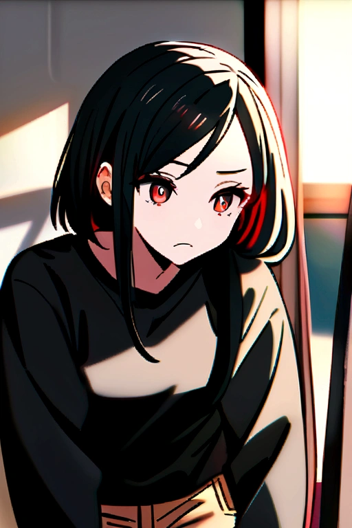 a 24 year old woman, with short black hair with red highlights, dark red eyes, He is wearing a black sweatshirt and light brown jeans, her expression is kinda serious and she's in a house.