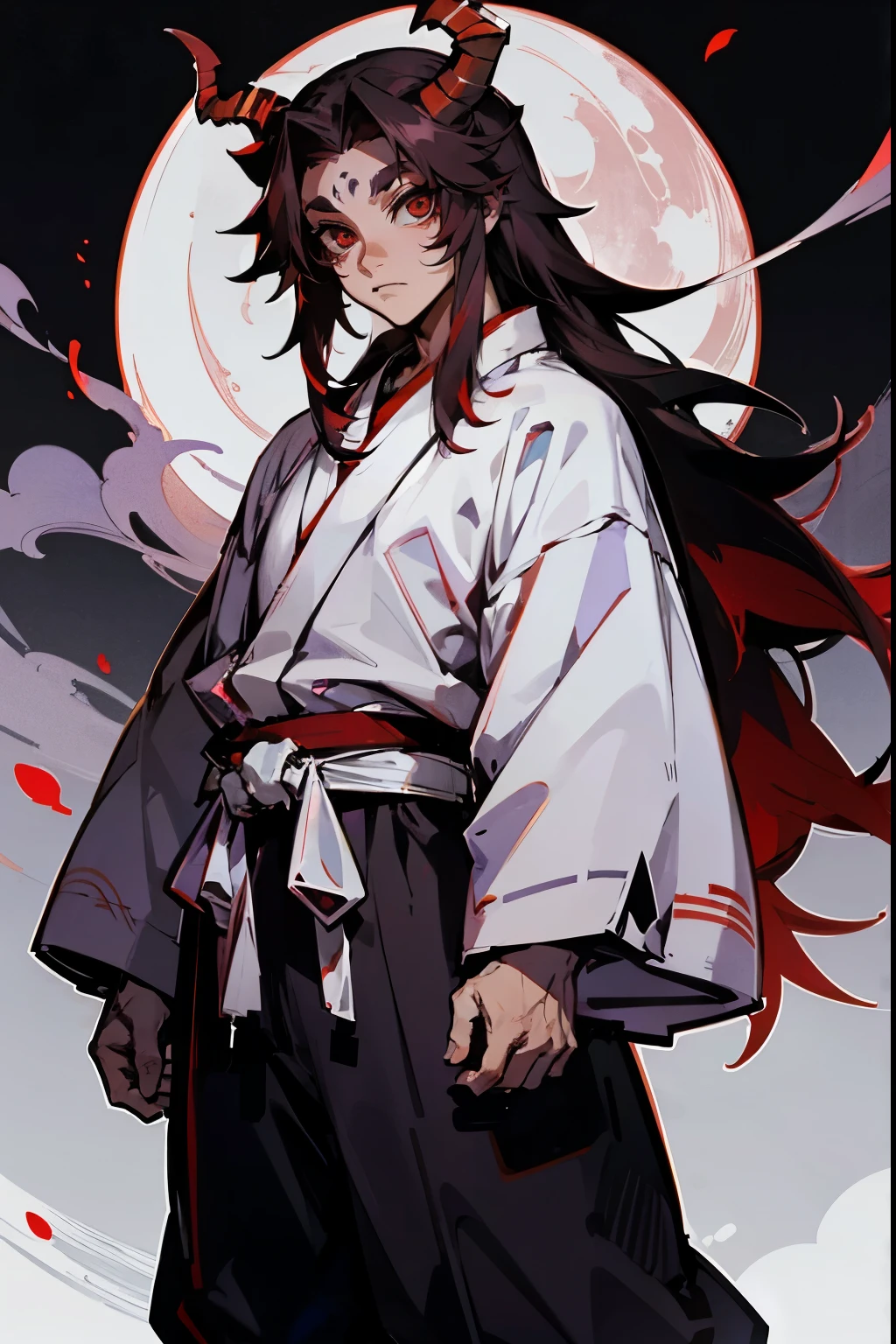 1male , Long Black Hair , Red Highlighted Hair , Red Facial Markings , Muscular , Yukata ,White and Purple Haori , Baggy Pants , Standing on path , Bright Moon Background , Six Eyes , Demon Horns , Serious Expression , Adult Male , Perfect Generation , Masterpiece Quality