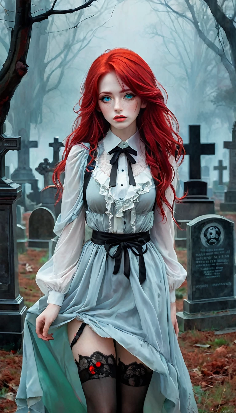 deep_fog,forests,day,hiking_costume,beautiful_red_hair,beautiful_light_blue_green_eyes,multicolored_eyes,1_beautiful_girl,cute_face,beautiful,perfect_quality,perfect_anatomy,masterpiece,desolate cemetery,red moon,deep fog,deep mist,(art inspired by Bill Sienkiewicz). oil painting)