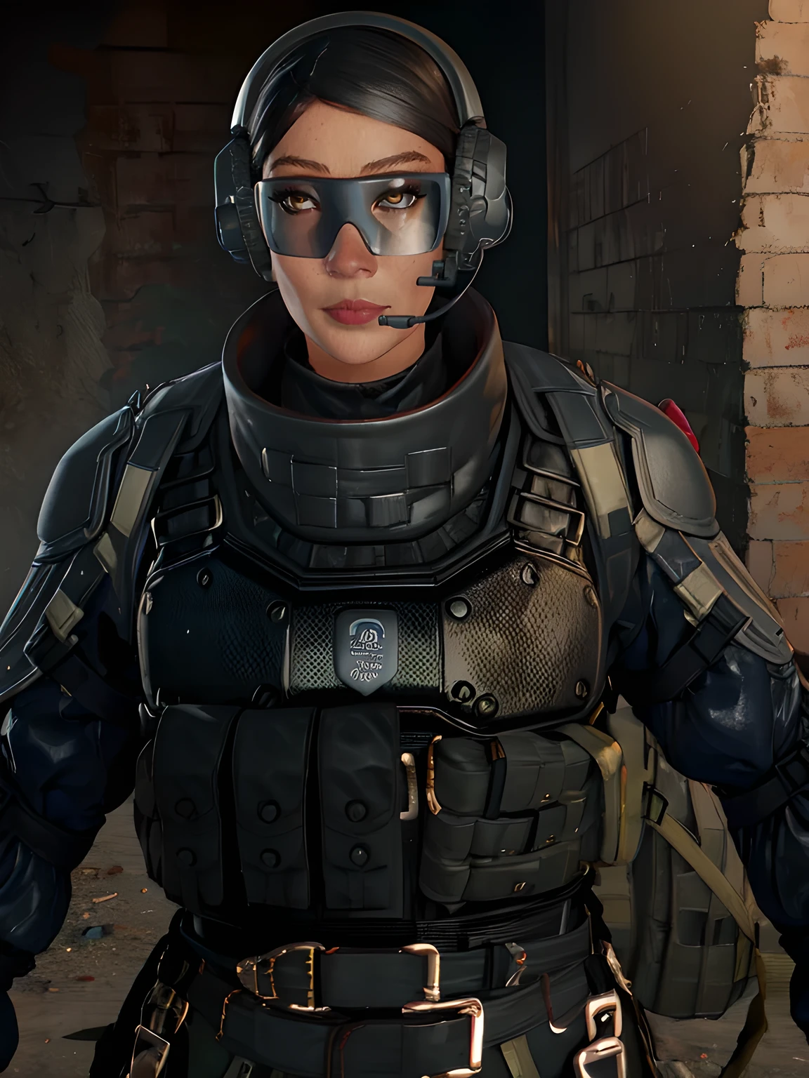 Ying,black hair,short hair,goggles,brown eyes,
bulletproof vest,tactical gear,body armor,headphones,
standing,upper body,
underground,
(insanely detailed, beautiful detailed face,beautiful detailed eyes, masterpiece, best quality),