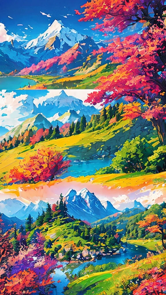 game scenery design for a beautiful mountainous area, flat pixel style graphic design, bright and vibrant color tone