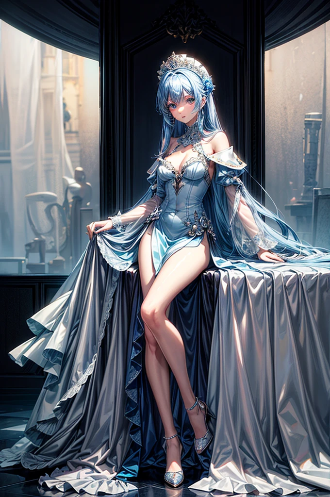 masterpiece, best quality, distinct image, 1 girl, 16 year old teenager, elegant and royal style ruffled dress, solo. soft facial features, symmetrical shaped face, cherry red lip, alabaster white skin, sky blue eyes-colored eyes, tall height(185cm), slender yet thick, bright ocean blue hair, flowing long hairstyle, long and slender legs, curvy wide hips stretching the dress, full body image,