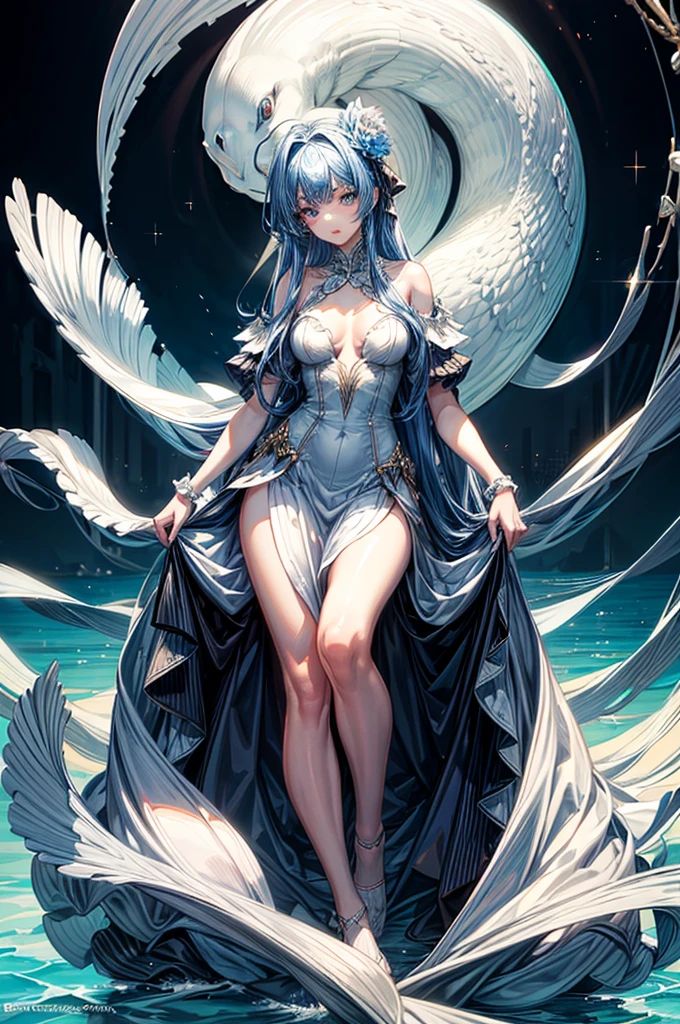 masterpiece, best quality, distinct image, 1 girl, 16 year old teenager, elegant and royal style ruffled dress, solo. soft facial features, symmetrical shaped face, cherry red lip, alabaster white skin, sky blue eyes-colored eyes, tall height(185cm), slender yet thick, bright ocean blue hair, flowing long hairstyle, long and slender legs, curvy wide hips stretching the dress, full body image,