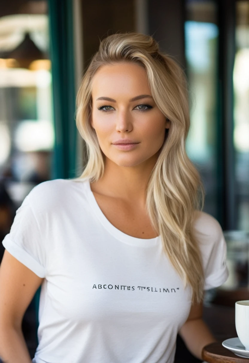1fille, female, wife, de 26 ans debout dans un café confortable, Tout le corps, porter un simple t-shirt blanc. blond, french twist hairstyle, shallow depth of field, Ultra high detail, ultra HD, Portra 800, big breast