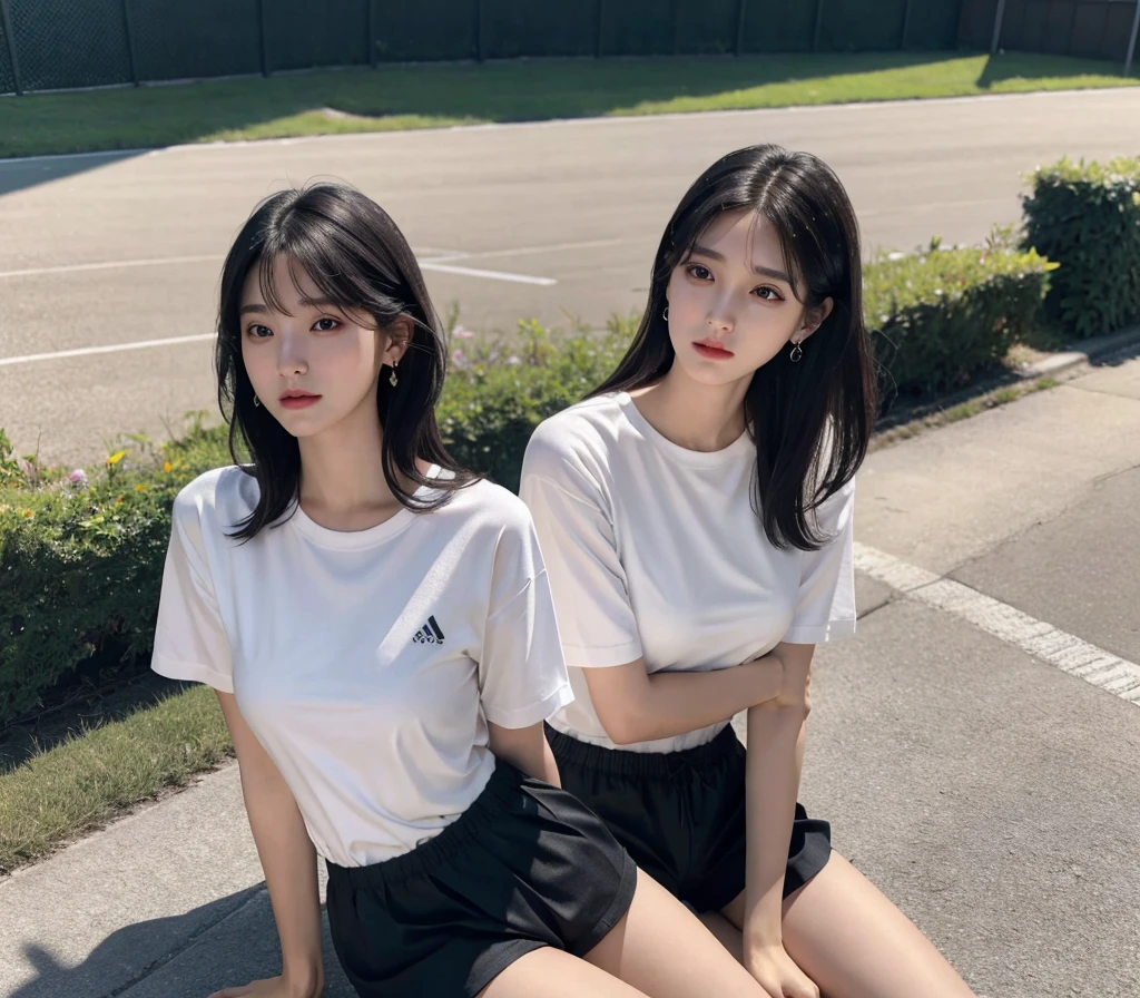 absurdres, RAW photo, extremely delicate and beautiful, masterpiece, Best Quality, ultra high resolution, 32k, hyperrealistic, ultra-detailed, in her 20s, delicate facial features, tearful mole, earring, medium breasts, full body shot, shorter middle hair, black hair, tennis uniform, shirt, shorts,