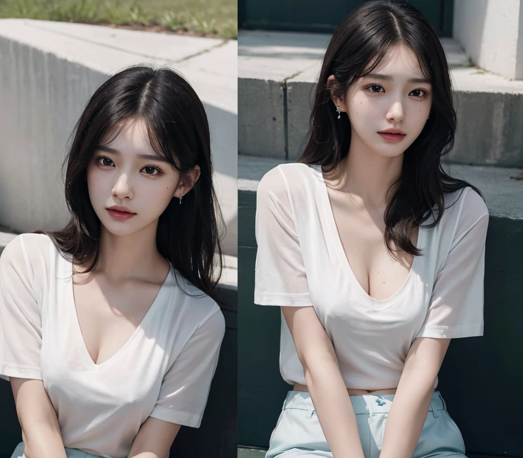 absurdres, RAW photo, extremely delicate and beautiful, masterpiece, Best Quality, ultra high resolution, 32k, hyperrealistic, ultra-detailed, in her 20s, delicate facial features, tearful mole, earring, medium breasts, full body shot, shorter middle hair, black hair, tennis uniform, shirt, shorts,