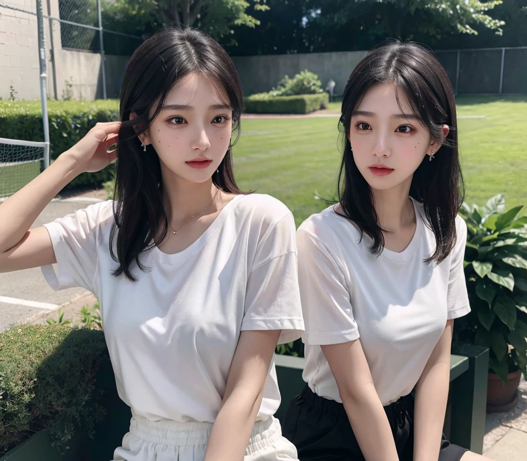 absurdres, RAW photo, extremely delicate and beautiful, masterpiece, Best Quality, ultra high resolution, 32k, hyperrealistic, ultra-detailed, in her 20s, delicate facial features, tearful mole, earring, medium breasts, full body shot, shorter middle hair, black hair, tennis uniform, shirt, shorts,