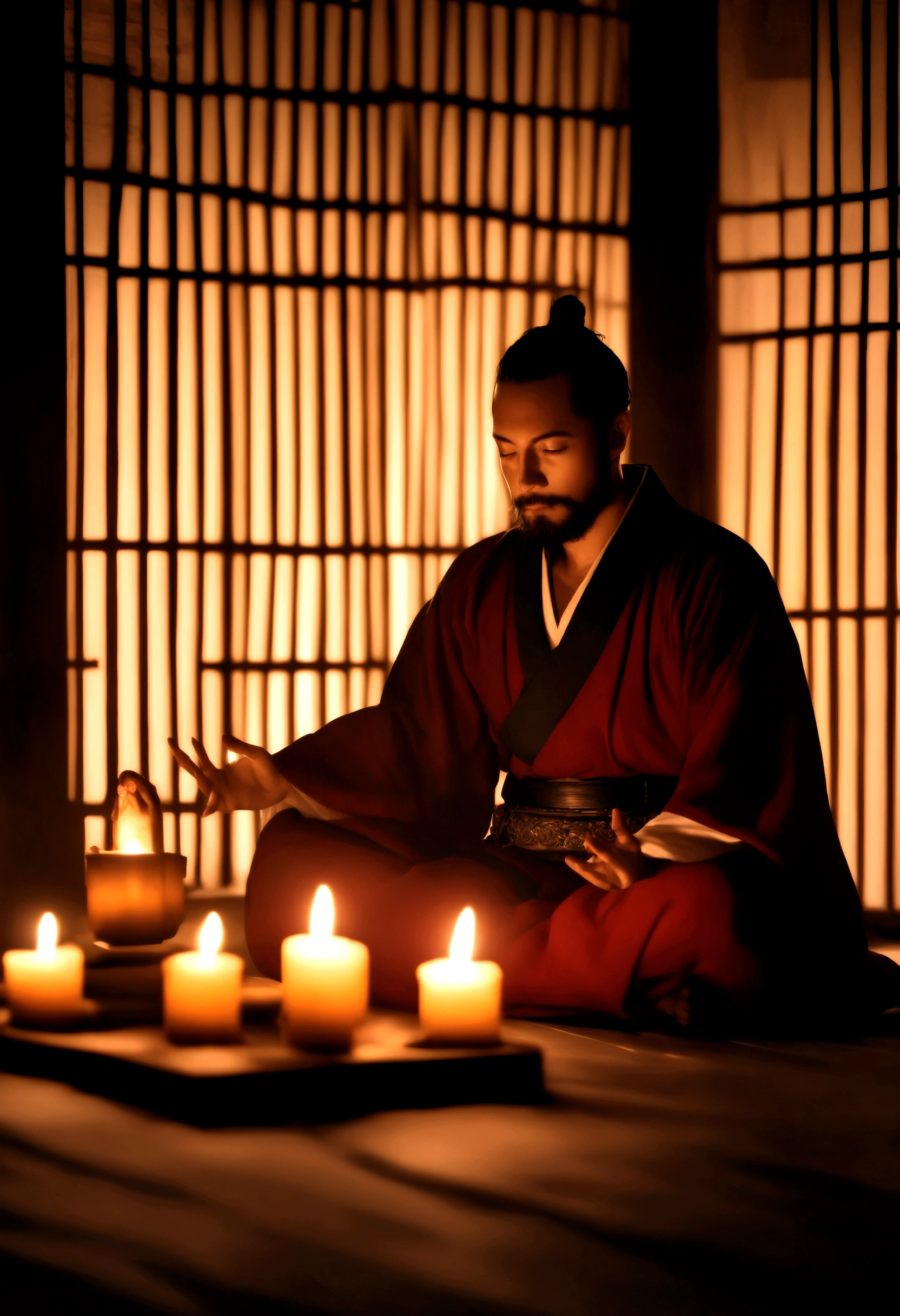 warrior: Man meditating by candlelight in a dark room, Candles to light up the atmosphere (First Job) (8K high resolution) (Highest quality) (Ultra high definition) (Surreal)(RAW Photos) (Realistic photos) (Bright lighting)Image size is 1344X768 