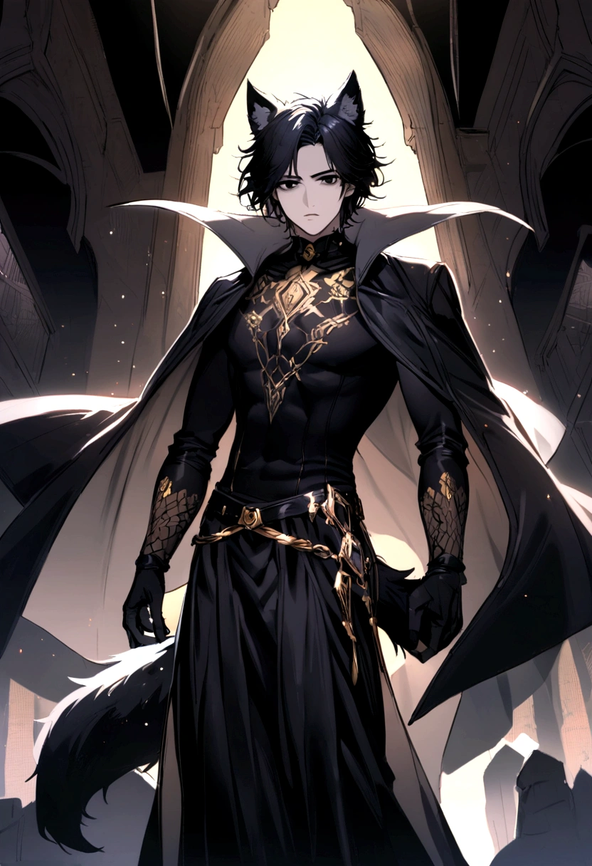 short tender sexy boy with long black hair , big black eyes  , wolf ears and tail , hero costume  , powers of darkness and death
