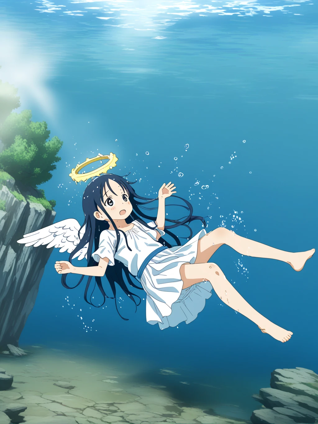 partially underwater, lakeの女神, Long Hair, Wet Hair,lake,8-year-old、Flat Chest、one piece、Above the water line from the neck、Body in water, ,The skirt flips up due to buoyancy、Angel Halo