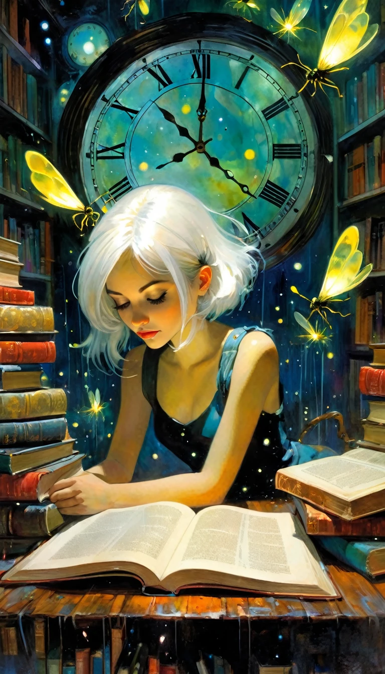 (((Best quality))), (((Ultra detailed))), ((((vivid)))), library, books, clock, ((particles, fireflies)), nostalgia, fantasy, 1girl, white hair, (art inspired by Bill Sienkiewicz). oil painting)
