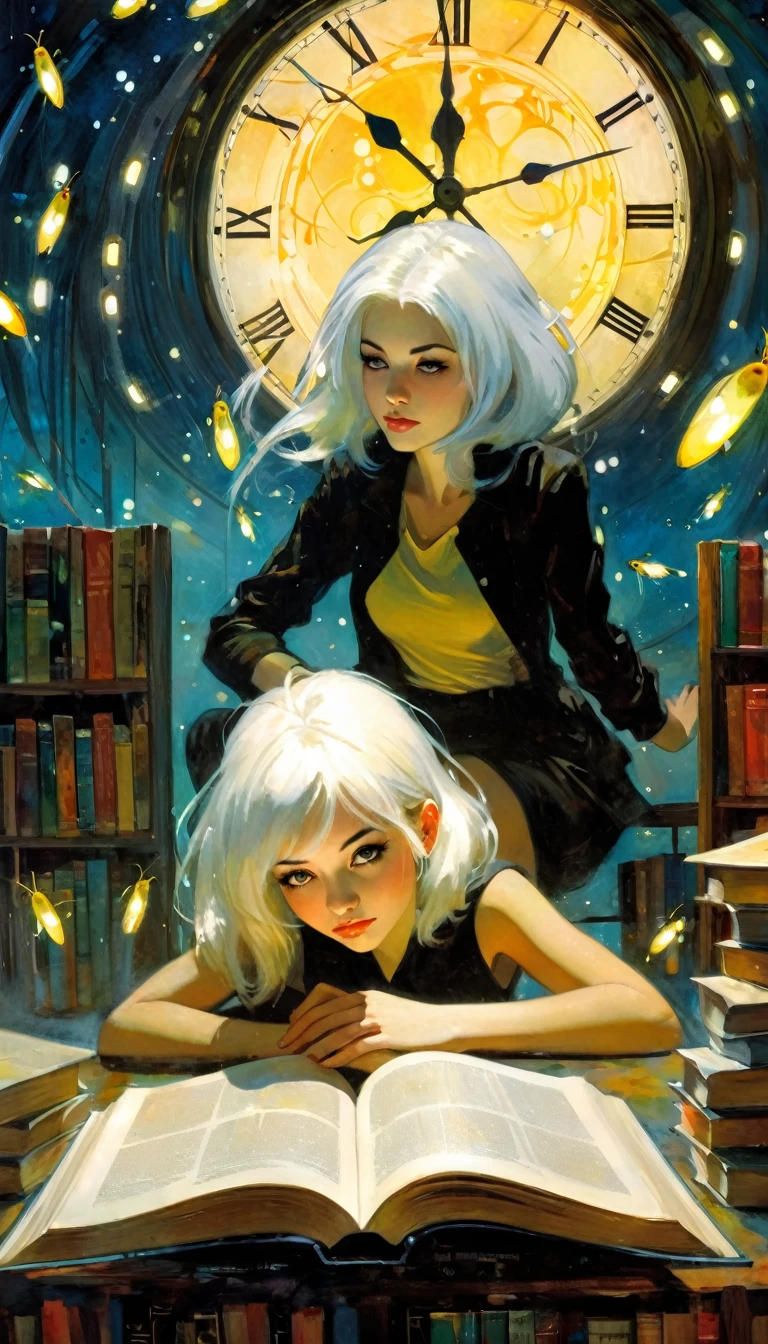 (((Best quality))), (((Ultra detailed))), ((((vivid)))), library, books, clock, ((particles, fireflies)), nostalgia, fantasy, 1girl, white hair, (art inspired by Bill Sienkiewicz). oil painting)