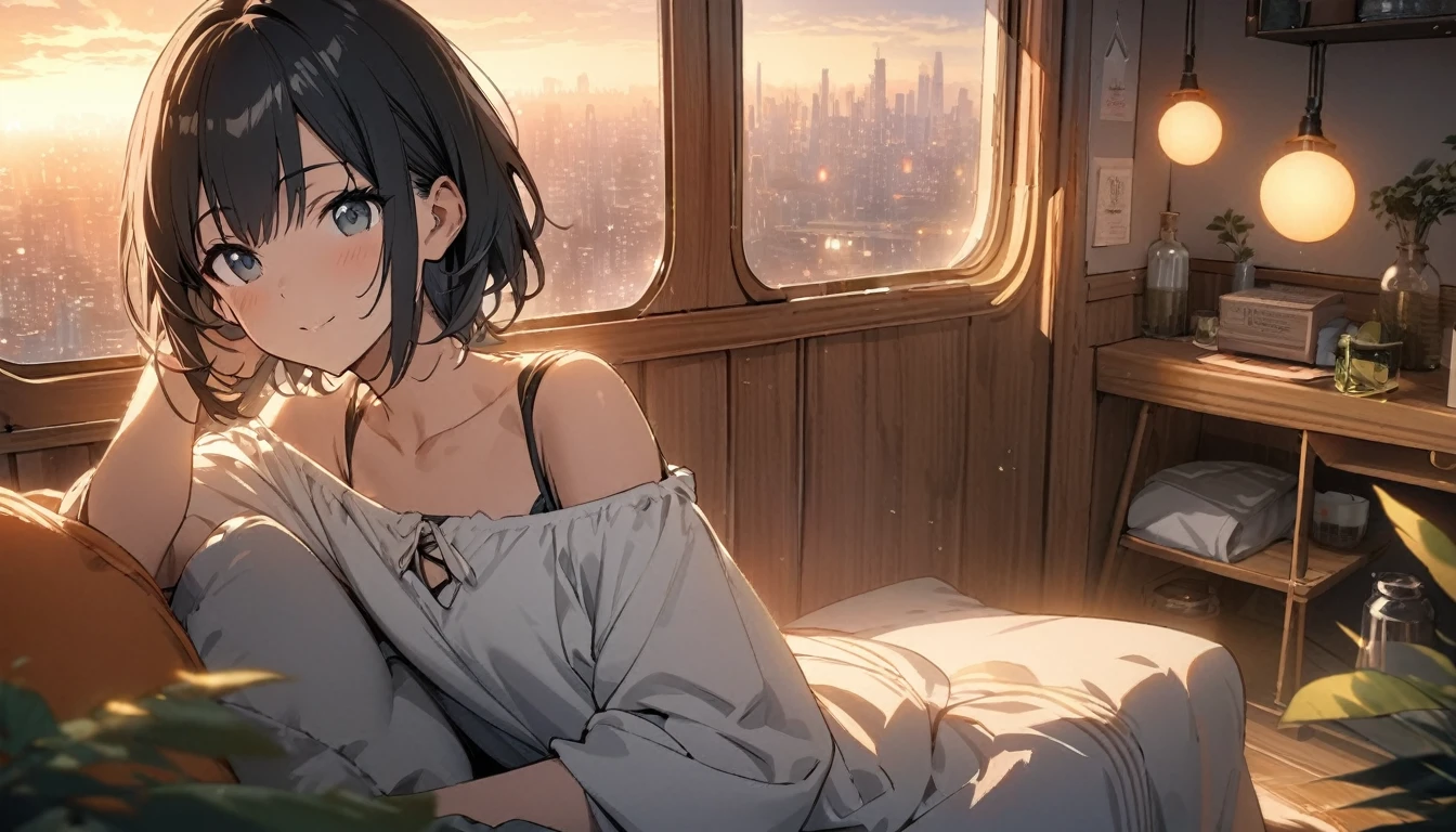 1girl, solo, gentle smile on her face flat chest, short hair, black hair, upper body, ((masterpiece, illustration, best quality)) ((best quality)), ((masterpiece)), Create exquisite illustrations reminiscent of Makoto Shinkai's style, It has ultra-fine details and top-notch quality. The room is spacious and resembles the interior of a camper.々and create an illustration of a train that transforms into a living space. In-flight, There is a cozy setup for comfortable living. A young girl is seen relaxing inside, Enjoy the tranquility of the journey. The cabin is tastefully designed, Warm lighting and comfortable furnishings. Through the window, You can see the cityscape wrapped in the lights of the setting sun, creating a serene ambiance.