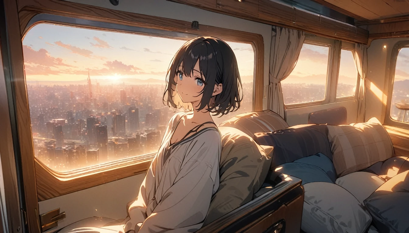 1girl, solo, gentle smile on her face flat chest, short hair, black hair, upper body, ((masterpiece, illustration, best quality)) ((best quality)), ((masterpiece)), Create exquisite illustrations reminiscent of Makoto Shinkai's style, It has ultra-fine details and top-notch quality. The room is spacious and resembles the interior of a camper.々and create an illustration of a train that transforms into a living space. In-flight, There is a cozy setup for comfortable living. A young girl is seen relaxing inside, Enjoy the tranquility of the journey. The cabin is tastefully designed, Warm lighting and comfortable furnishings. Through the window, You can see the cityscape wrapped in the lights of the setting sun, creating a serene ambiance.