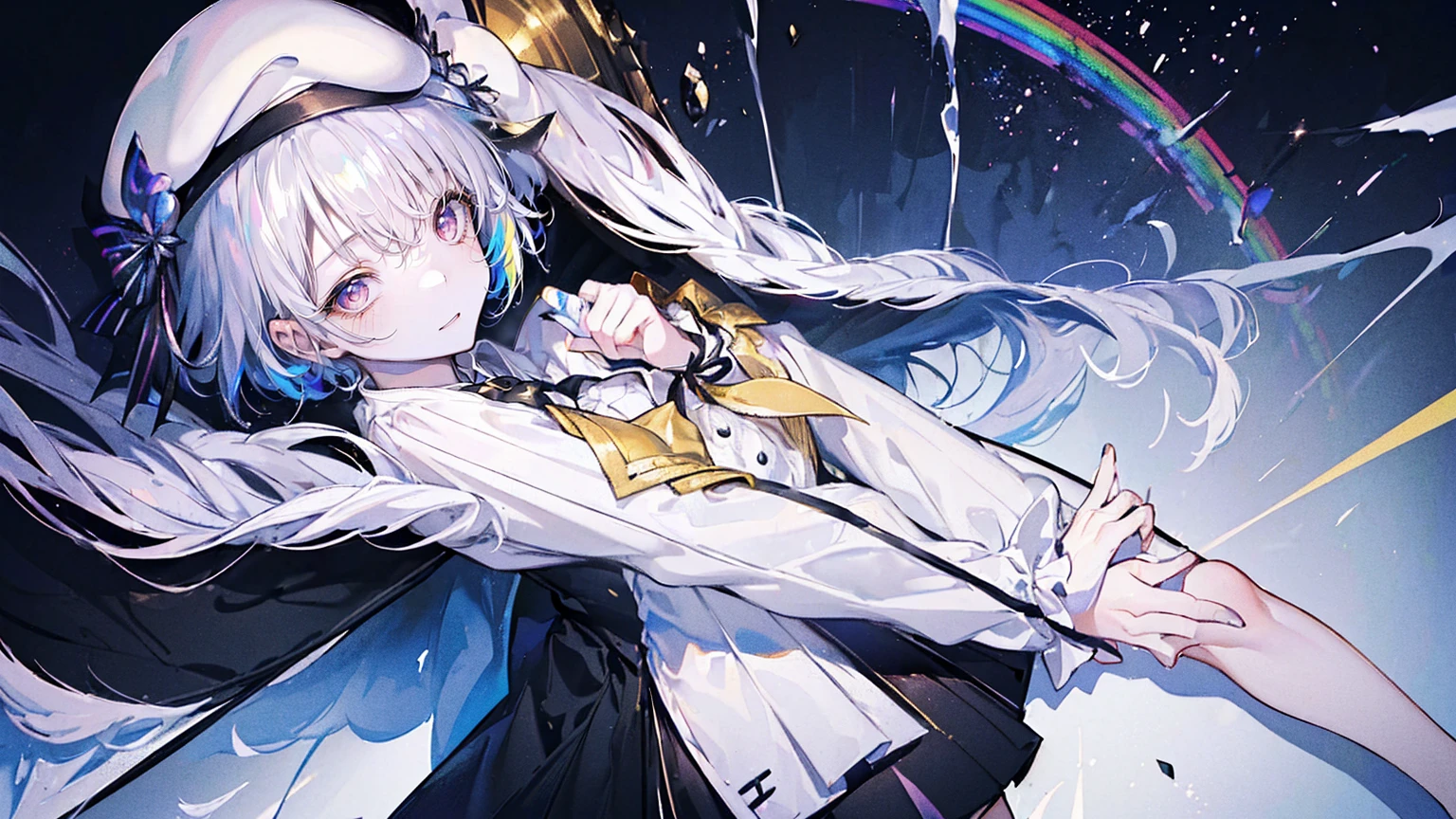 (Super detailed)),((illustration)),((masterpiece)),(((need))),((fine、Highest quality CG Unity 8K wallpapers,masterpiece),((4K,masterpiece,best quality)),rainbow发的大概16岁的少女,flat chest,short hair,Gold and silver eyes,Golden Apprentice Uniform,Black short cape,Berets,Black shoes,Paint flowing under your feet,White Silk,Take the color palette,White short skirt covered with paint,Monocle,The walls are covered with portraits,身边有rainbow,phantom,Exhaustion,Overworked,Look in the mirror,The mirror reflects me in different clothes,Standing in a white room,Paint condensed in the air,rainbow,individual,Full body picture
