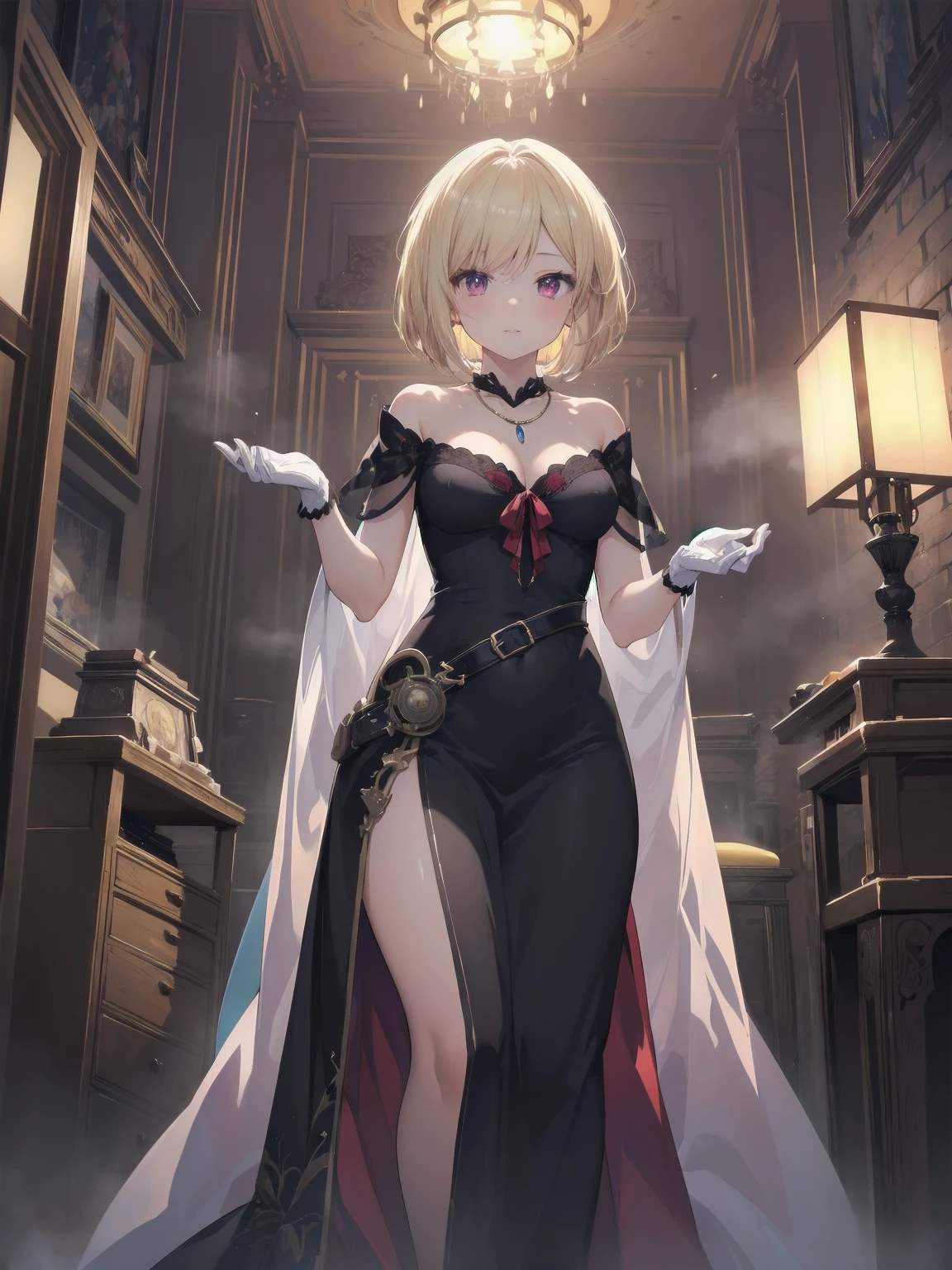 (masterpiece:1.2), (Highest quality:1.2), Ultra-high resolution, Very detailed, BREAK, ((Anime girl standing with happiness in her hands)), Clear Girl, (1 person,Lolita,boyish, 6 years old:1.3), A light smile, , girl who looks like a boy, Bob cut hair, ((Blonde Hair)), Messy Hair, Super huge breasts overflowing with soft fat mass、Waistline、Slender body, Small Ass, Small red eyes,Fine and beautiful eyes, Well-proportioned iris and pupil, Expressive eyes, Beautiful and detailed lips, High resolution detailed hair, Perfect Eyes, Perfect Face, ultra high density skin, Full Finger, Perfect lighting, break, ((Purple Necklace)), ((Black and red luxury dress:1.3)), light green tie, Sparkling Sapphire, Lady, Wear white gloves, BREAK, (steampunk), Castle balcony, Skyscraper, Night view, Equipment, (Steam spewing out from :1.2), Fantasy, BREAK, ((Positive:1.3)), BREAK, Digital anime art,Anime style illustrations,Anime illustration
