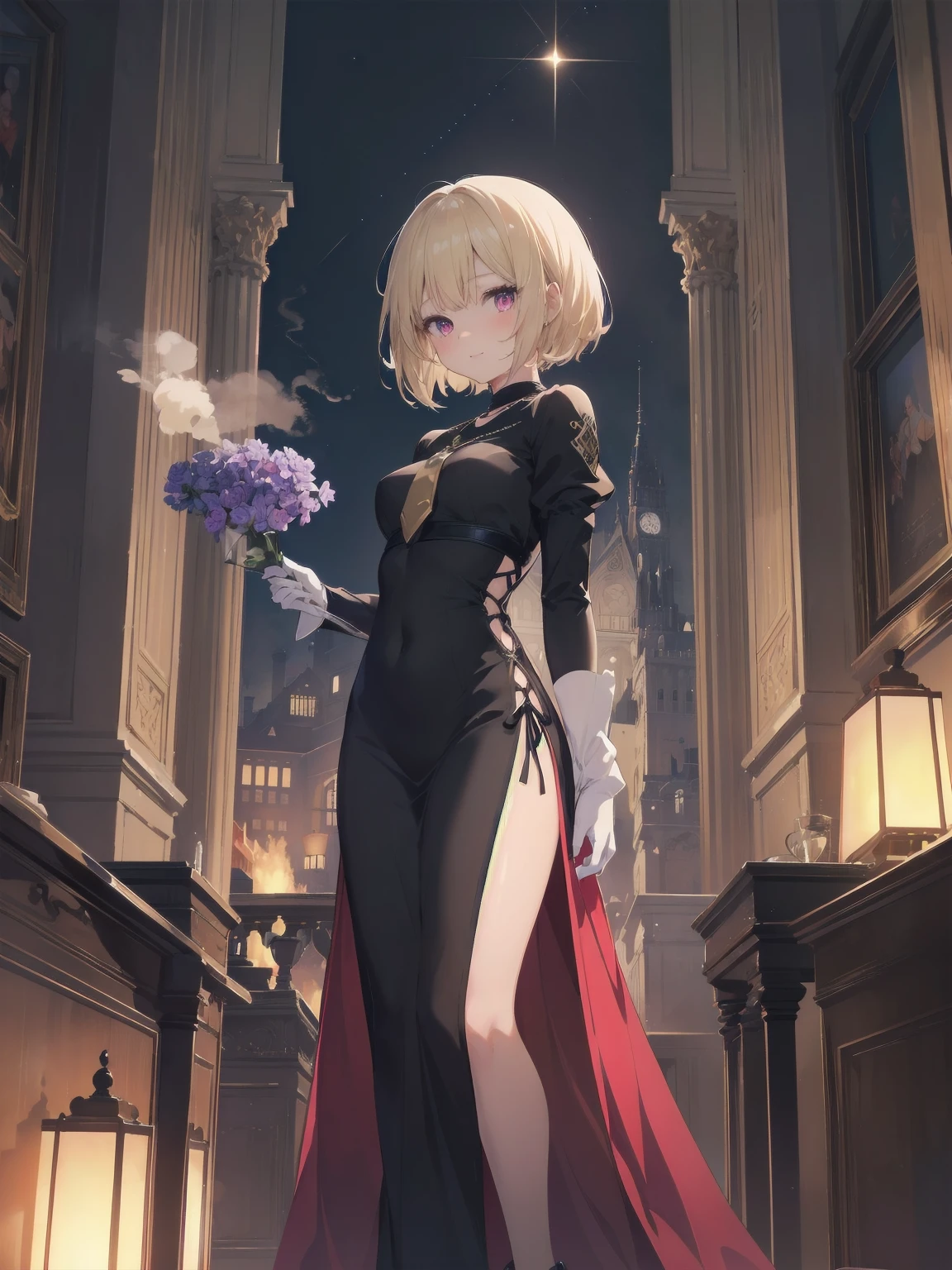 (masterpiece:1.2), (Highest quality:1.2), Ultra-high resolution, Very detailed, BREAK, ((Anime girl standing with happiness in her hands)), Clear Girl, (1 person,ta,boyish, 6 ye), A light smile, , girl who looks like a boy, Bob cut hair, ((Blonde Hair)), Messy Hair, Super huge breasts overflowing with soft fat mass、Waistline、Slender body, Small Ass, Small red eyes,Fine and beautiful eyes, Well-proportioned iris and pupil, Expressive eyes, Beautiful and detailed lips, High resolution detailed hair, Perfect Eyes, Perfect Face, ultra high density skin, Full Finger, Perfect lighting, break, ((Purple Necklace)), ((Black and red luxury dress:1.3)), light green tie, Sparkling Sapphire, Lady, Wear white gloves, BREAK, (steampunk), Castle balcony, Skyscraper, Night view, Equipment, (Steam spewing out from :1.2), Fantasy, BREAK, ((Positive:1.3)), BREAK, Digital anime art,Anime style illustrations,Anime illustration