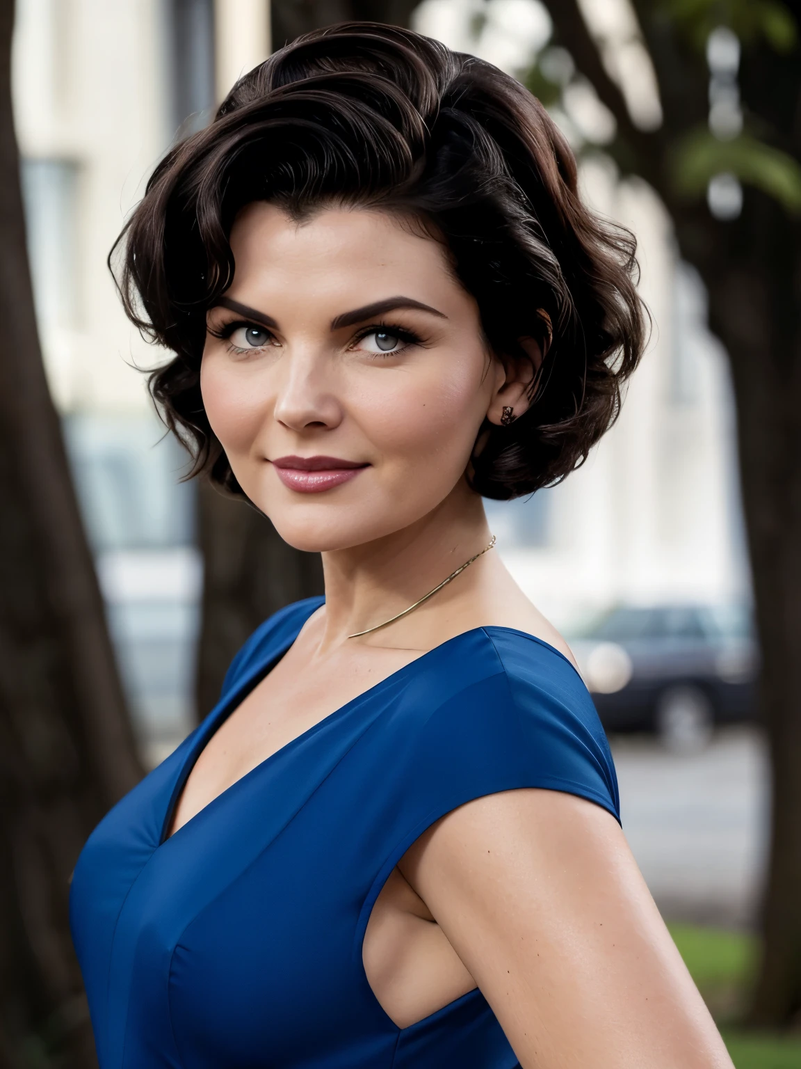 Audrey Horne (Sherilyn Fenn) from the 1990 Twin Peaks series, resemblance to the actress as in the show, thick and bouffant hair, closed bodysuit, blue eye, small fly opposite left eye, 90's, mole under eye, light smile, closed mouth, brown hair, hair behind ear, short hair, hair one side up, big hair, expressive hair, bob cut, hair spread out, floating hair, bokeh, UHD, best quality