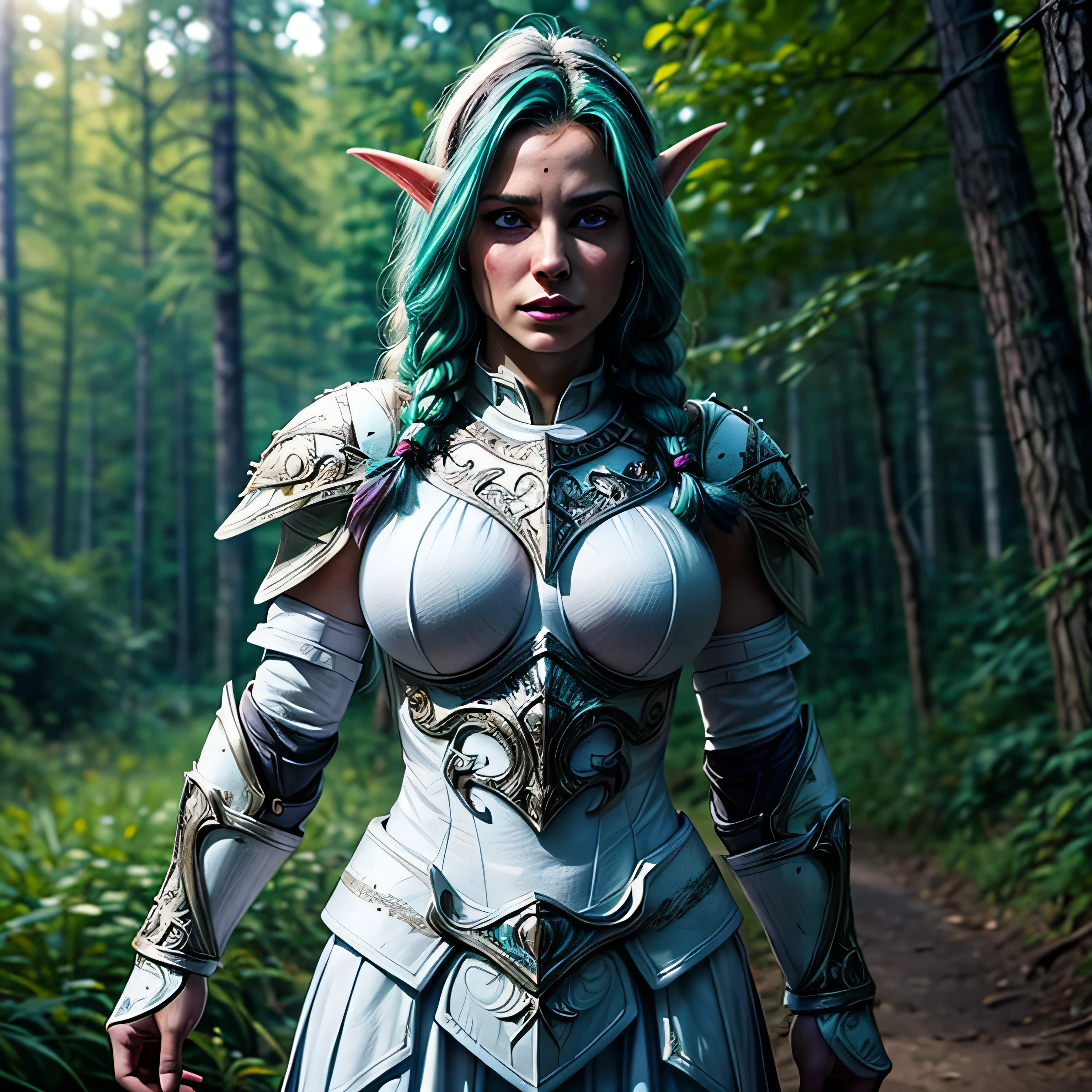 (masterpiece, photorealistic:1.4, extremely intricate:1.3), (photon mapping, radiosity, physically based rendering, ultra resolution, hyper-realistic, 8K), ((beautiful tyrande stand up twin braids, black eyes, ((((white armor)), [medium breasts:large breasts:0.3], [skin detail:freckles:0.9])), pauldrons, forest, upper torso)), background outdoor, flowers, glowing butterflies, bokeh, sunset, [aqua hair:blonde hair:0.8]