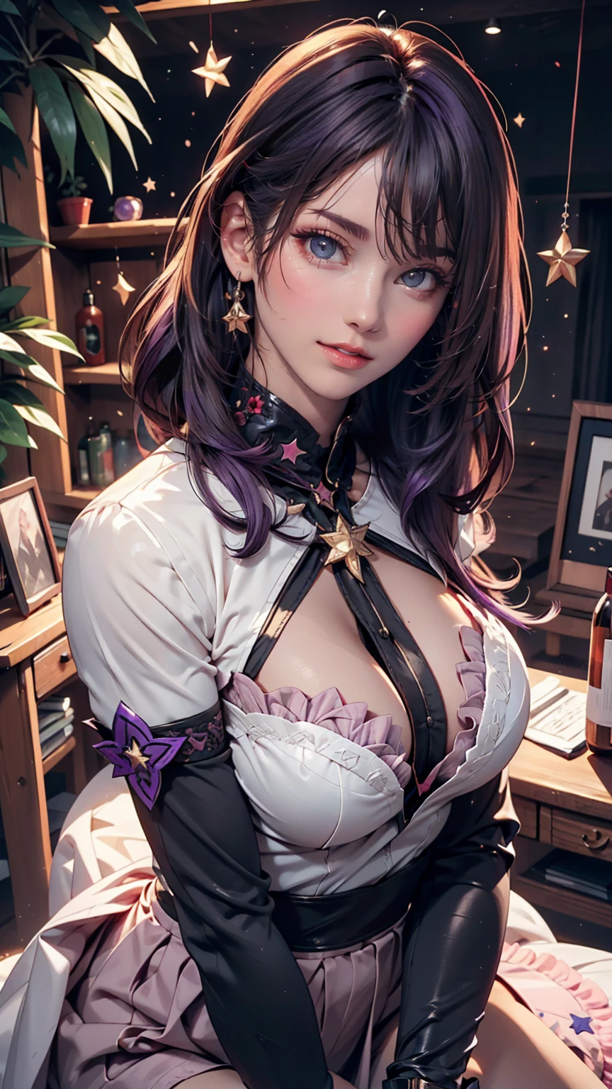 star野愛, gloves, tongue sticking out, tongue, Long Hair, star (symbol), Watch Viewer, (Purple Hair: 1.2), Purple eyes, Upper Body, hair ornaments, Frills, pink shirt, smile, No sleeve, shirt, Idol, symbol shaped pupil, Raise your hand, bangs, One side up, star-shaped pupils, Raise your arms, Dress Pull, The Roaring Twenties, isometric, From above, whole body, Rembrandt, figure, detailed, Depth of written boundary, Looking at the audience, peace sign, Raise your hand, tongue out, Highest quality, High resolution、Sexy proportions、Sexy、Model Body Type