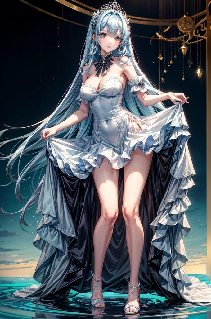 masterpiece, best quality, distinct image, 1 girl, 16 year old teenager, elegant and royal style ruffled dress, solo. soft facial features, symmetrical shaped face, cherry red lip, alabaster white skin, sky blue eyes-colored eyes, tall height(185cm), slender yet thick, bright ocean blue hair, flowing long hairstyle, long and slender legs, curvy wide hips stretching the dress, full body image, shy and cute expression