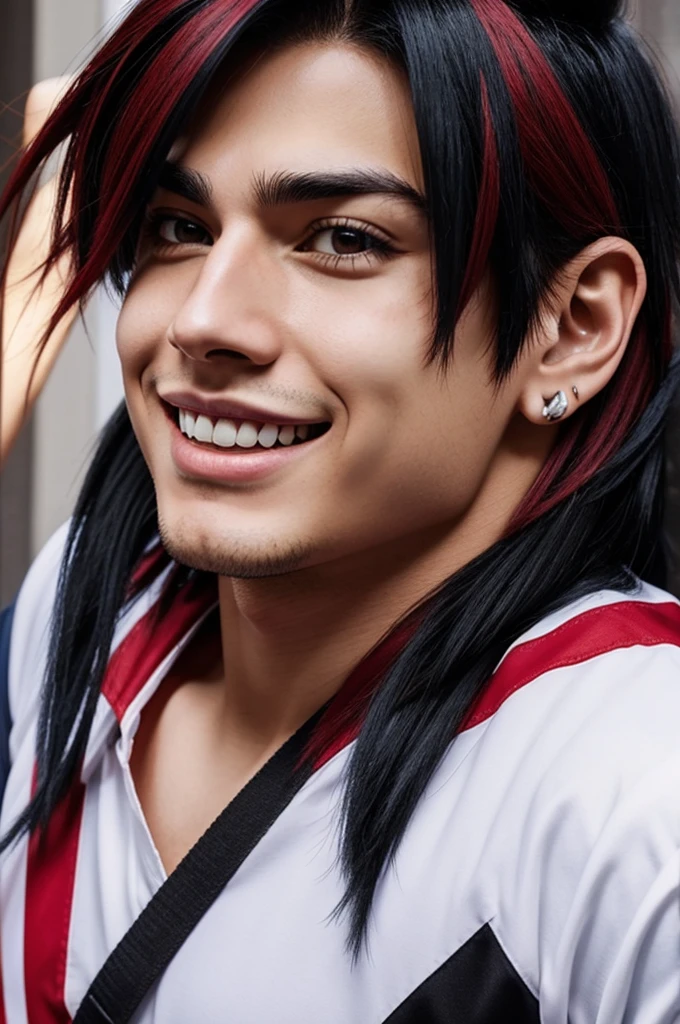male gender, shoulder length hair, black hair WITH RED, face piercing, happy, my hero academia