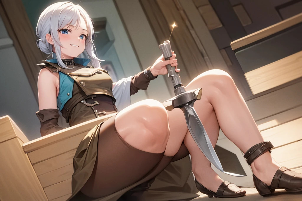 masterpiece, Highest quality, 4K images,jett, Precision Eyes, alone, Watching the audience, blush, smile, Open your mouth,holding a knife,Crouching