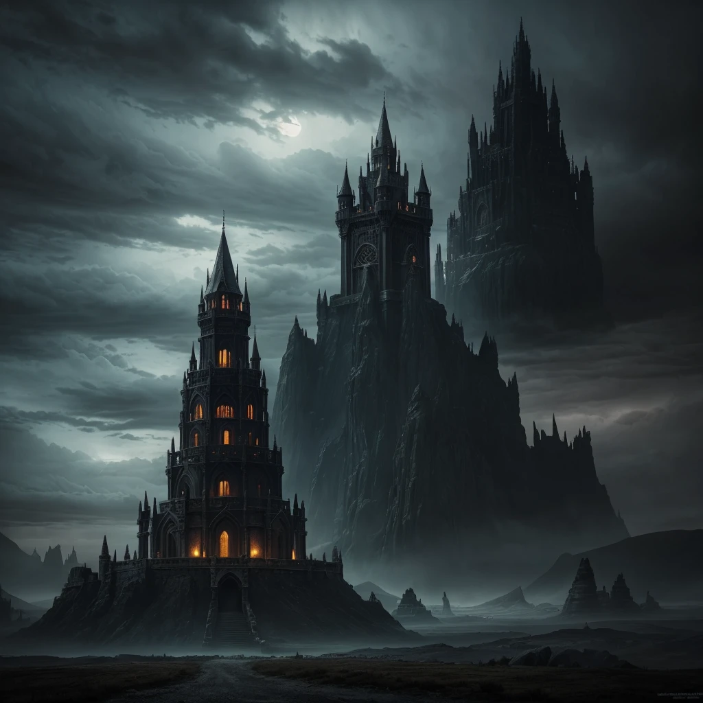 a fantasy landscape with a cursed tower, three sisters, and a spirit, dark moody lighting, detailed architecture, dramatic cloudy sky, mystical atmosphere, cinematic composition, fantasy art style, intricate details, high quality, cinematic, dramatic lighting, muted color palette, dramatic shadows, haunting, mysterious, moody