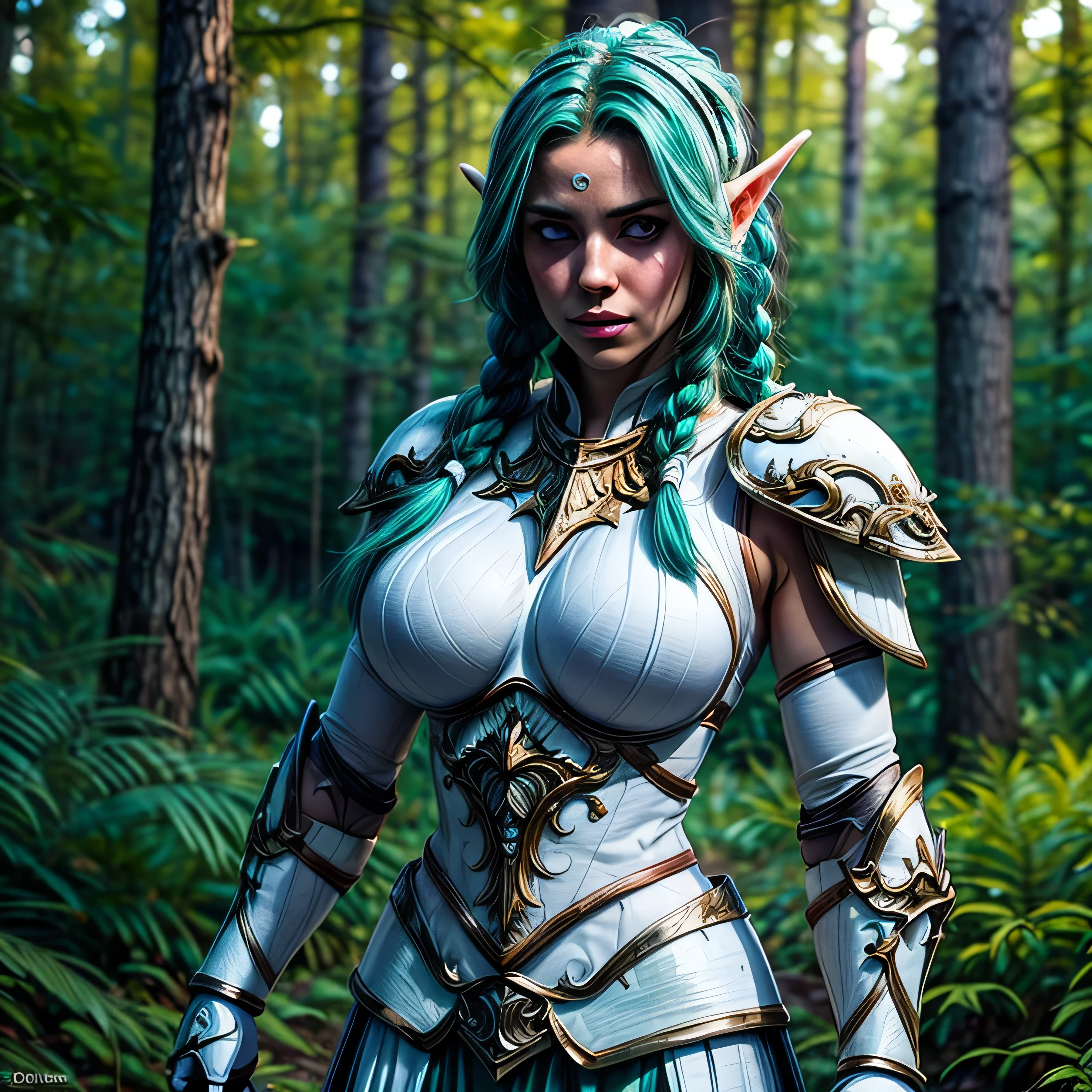 (masterpiece, photorealistic:1.4, extremely intricate:1.3), (photon mapping, radiosity, physically based rendering, ultra resolution, hyper-realistic, 8K), ((beautiful tyrande stand up twin braids, black eyes, ((((white armor)), [medium breasts:large breasts:0.3], [skin detail:freckles:0.9])), pauldrons, forest, upper torso)), background outdoor, flowers, glowing butterflies, bokeh, sunset, [aqua hair:blonde hair:0.8]