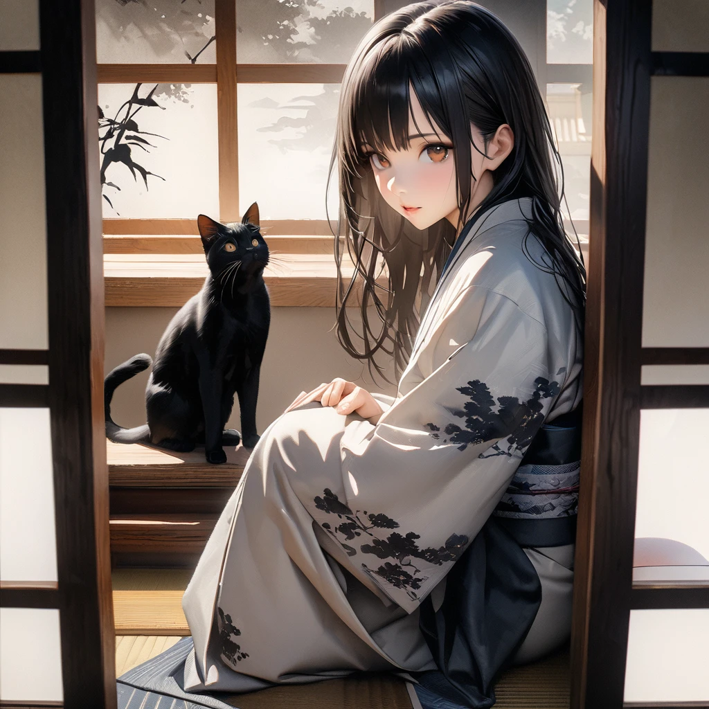 Girl with a cat, Ink Painting, In the tranquility of a traditional Japanese room, A girl wearing a kimono is sitting upright, Her eyes were fixed on the black cat that was perched on the window pane.. , Panoramic View, 8K,((masterpiece:1.4, Highest quality)), Black Hair, Brown eyes, (Depth of written boundary:1.3), Lower Body, High quality scenes, Vivid and photorealistic, Super detailed, 8K, masterpiece, elegant, Beautiful summer sky, Warm atmosphere, Clear lines, Official Art, Professional, Ultra high definition